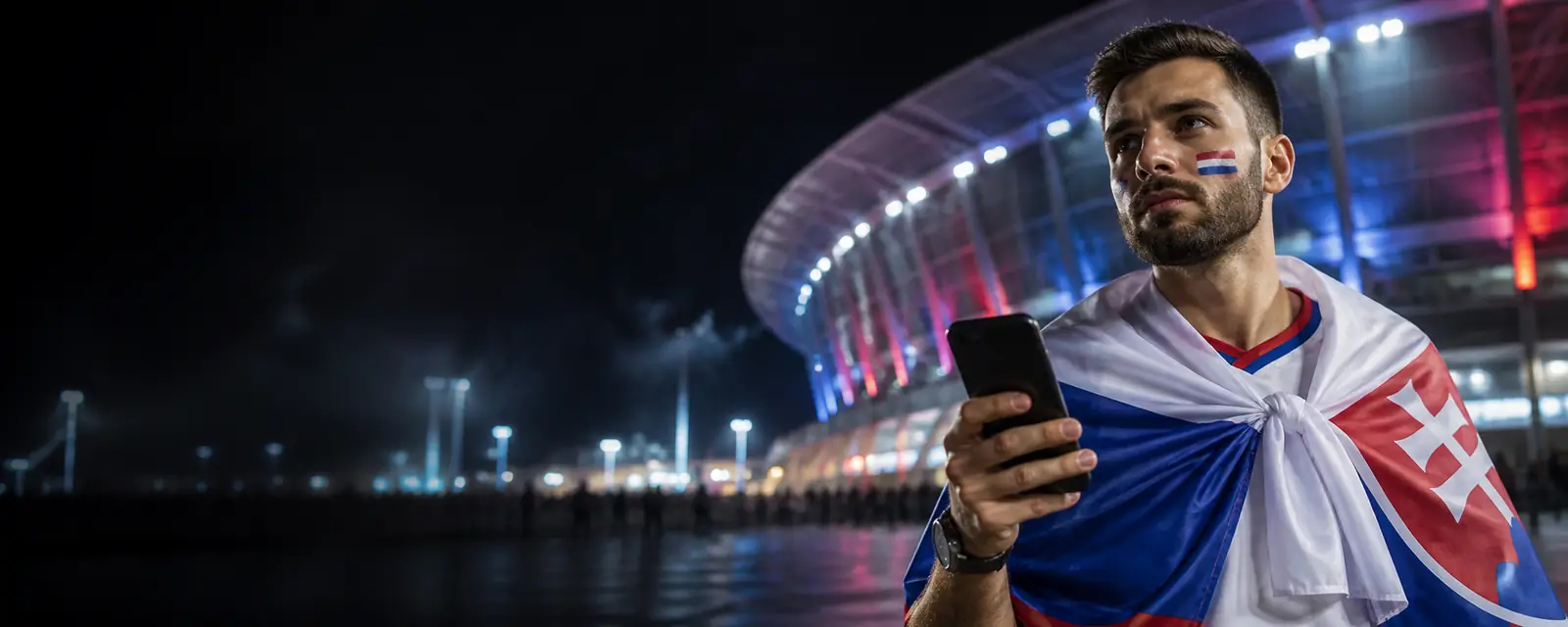 Slovenský športový fanúšik s mobilným telefónom